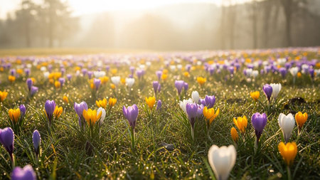 Beautiful crocus flowers in the meadow. Spring landscape.の素材