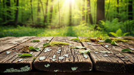 Wooden table in the forest with moss and fallen leaves. Selective focusの素材