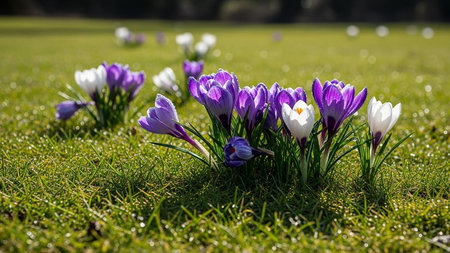 Group of crocuses in a meadow on a sunny dayの素材
