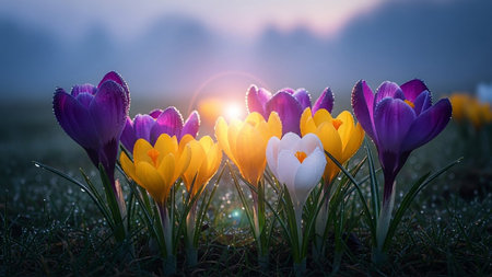 Crocus flowers in the meadow at sunset. Spring landscape.の素材