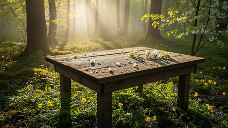 Wooden table in the spring forest with blooming spring flowers and birdsの素材