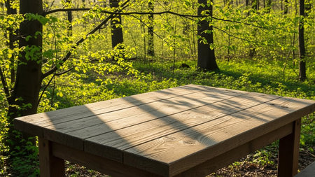 Wooden table and benches in the spring forest. Natural background.の素材