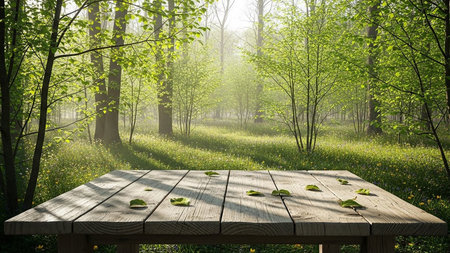 Wooden table in the forest with green grass and wildflowersの素材