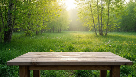 Empty wooden table for product display montages with green spring nature backgroundの素材