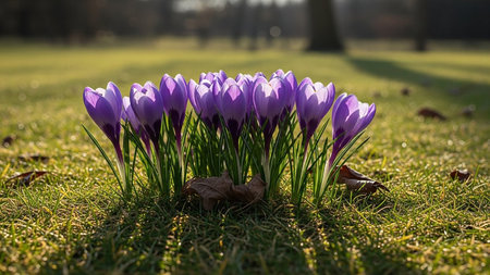 Purple crocuses on the lawn in the park. Early spring.の素材