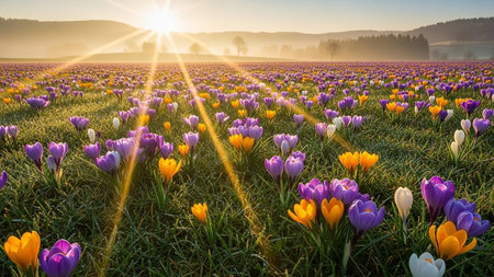 Crocuses in the meadow at sunrise. Beautiful spring landscape.の素材