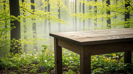 Wooden table in the forest with spring flowers in the morning.の素材