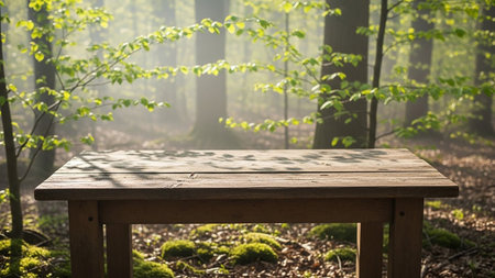 Wooden table in the forest with morning light and sunbeamsの素材