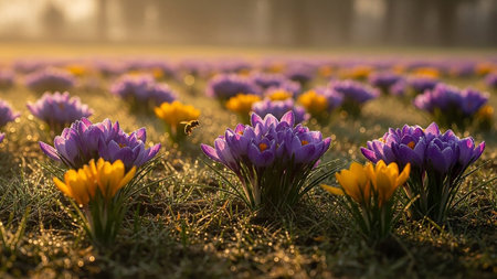 Crocuses in the meadow at sunset. Spring landscape.の素材