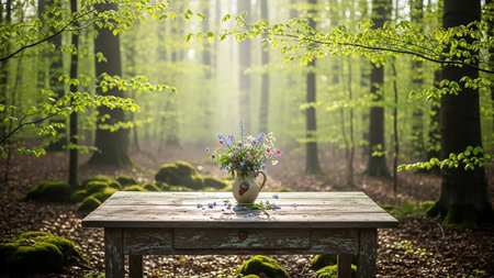Wooden table with vase of wildflowers in the forestの素材