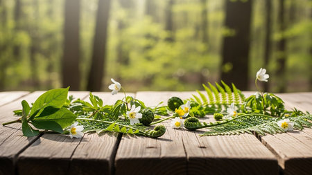 Wooden table with wild flowers and green leaves in the forest.の素材