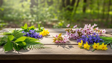 Spring flowers on a wooden table in the forest. Selective focus.の素材