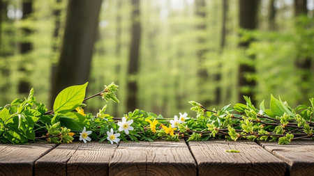 Wooden table with spring flowers on the background of the forest.の素材