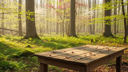 Wooden bench in the forest in the morning light. Nature background.の素材