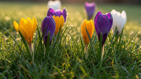 Close up of crocus flowers on green grass. Early spring.の素材
