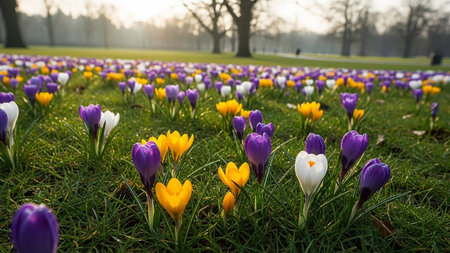 Crocuses in the park. Early spring in the Netherlands.の素材