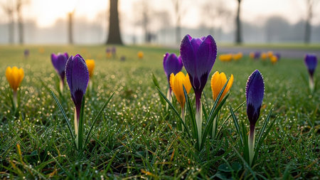 Crocus flowers in the meadow at sunset. Spring landscape.の素材