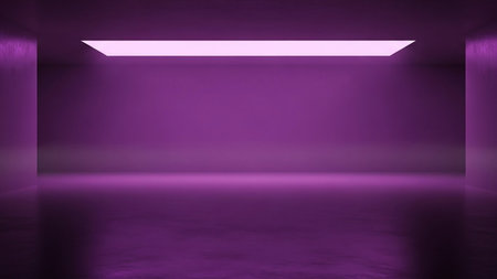 Purple empty room with glowing ceiling. Mockup. 3D renderingの素材