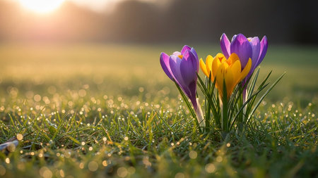 Crocus flowers in the grass with dew drops. Spring landscape.の素材