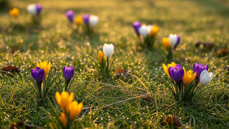 Crocus flowers in the meadow in the early springtime.の素材