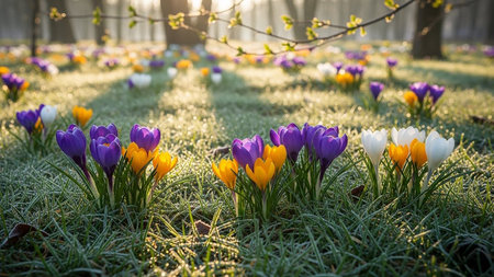 Spring crocus flowers in the park. Early spring. Europe.の素材
