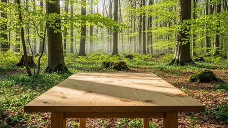 Wooden table in a green forest with sunbeams and fogの素材