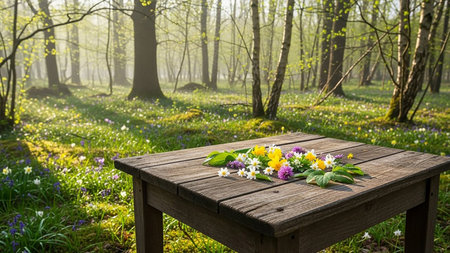 Wooden table with spring flowers on a sunny day in the forestの素材