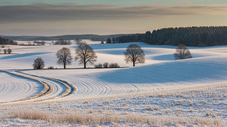 Beautiful winter landscape with snow covered fields and forest in Poland.の素材