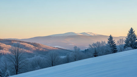 Winter landscape with snow covered trees in the Carpathian mountains.の素材