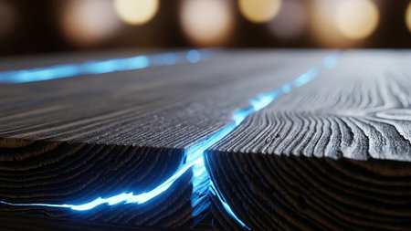 Blue laser beam on wooden surface with bokeh lights background.の素材
