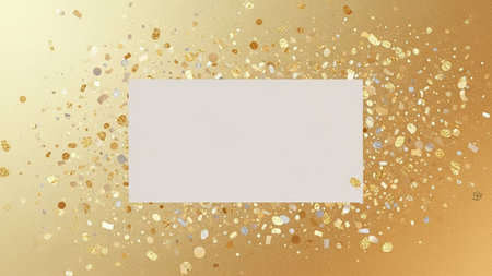 Blank white business card with glitter confetti on golden background.の素材