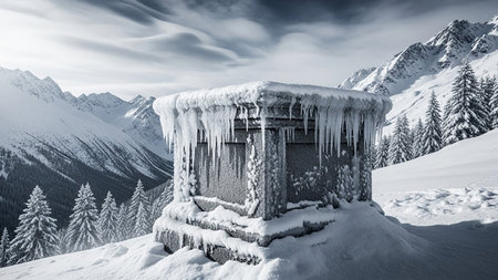 Beautiful winter landscape with icicles on the roof of a building.の素材