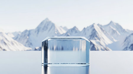 Glass cube with snow mountains on the background. 3d rendering.の素材