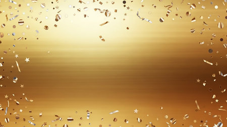 Golden background with golden confetti and sparkles. Vector illustration.の素材