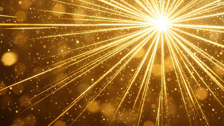 Golden glitter sparkles rays lights bokeh. Festive Christmas abstract background.の素材