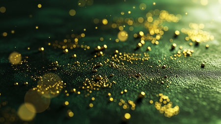 Abstract gold glitter bokeh on green background. 3D renderingの素材