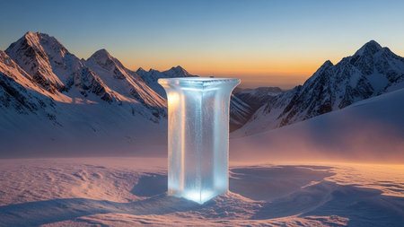 Futuristic ice cube in the snowy mountains. 3D renderingの素材