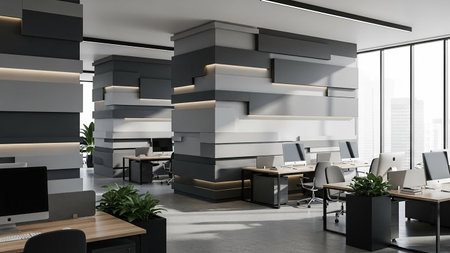 Corner of modern open space office with white walls, concrete floor, rows of computer tables and gray chairs. 3d renderingの素材