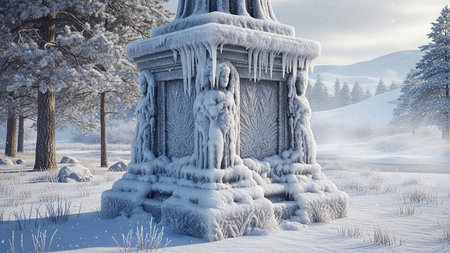 3d illustration of a monument in the winter forest. Winter landscape.の素材
