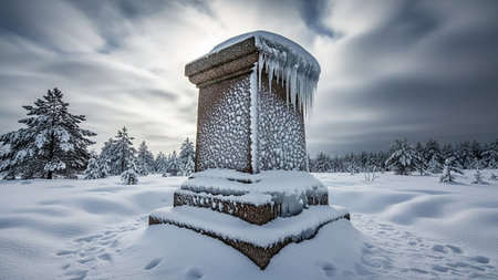 Old stone column covered with snow in the Ukrainian Carpathian mountainsの素材
