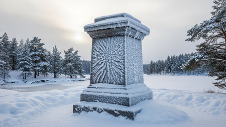 Stone monument in the winter forest. Russia, Karelia.の素材