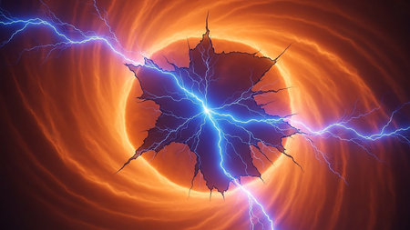 3D Illustration of a lightning strike on an orange background.の素材