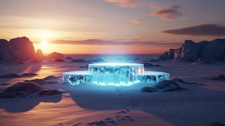 Ice cube in the snow. 3d render. Elements of this image furnished by NASAの素材