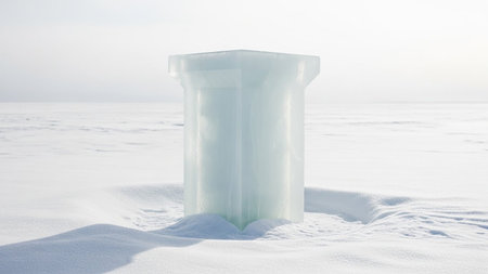 Ice cube in the snow on the background of a frozen lake.の素材