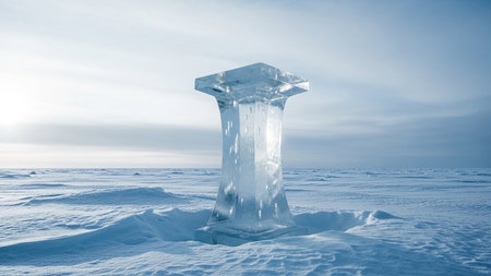 Ice cube on the frozen lake in winter. 3D illustration.の素材