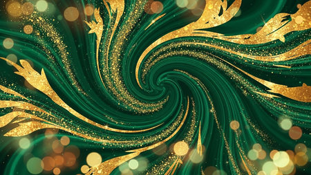 Gold glittering swirls with bokeh effect on green backgroundの素材
