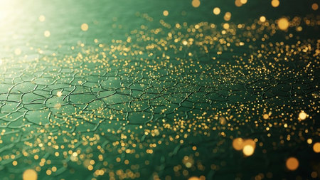 Abstract 3d rendering of golden bokeh on green background.の素材