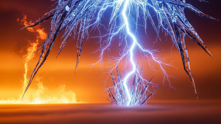 Fractal lightning in the night sky. 3D illustration.の素材
