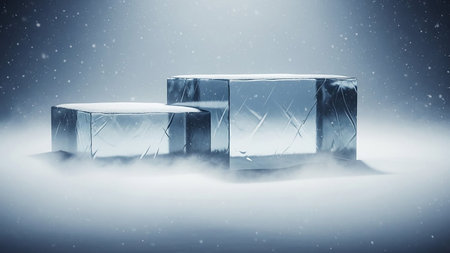 3d render, abstract geometric forms, podiums, pedestal or platform for product presentation in the fogの素材