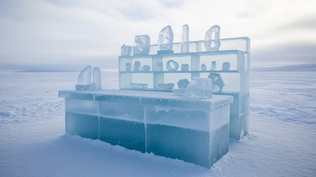 Ice cube on the frozen lake in winter, 3D illustration.の素材